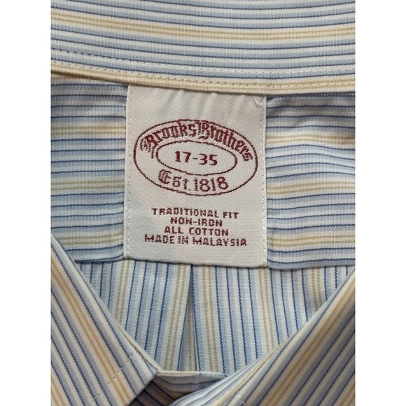 Brooks Brothers Shirt Regent Fit Men's 17/35 Yellow‎ Blue Striped Non-Iron - Picture 2 of 7